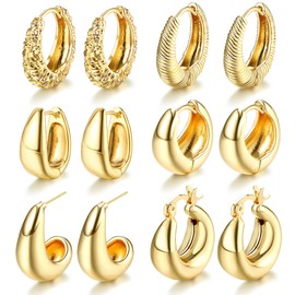 Sanfenly 6 Pairs Gold Chunky Hoop Earrings Set 14K Gold Hoop Earrings for Women Hypoallergenic Thick Open Hoops Earring Twist Huggie Hoop Earring
