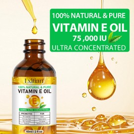Vitamin E Öl - 75,000 IU, Vitamin E Tropfen, Straffung Prallen Haut, Reduzierung Feinen Linien und Narben, für Haut, Narben, Gesicht & Body, 60ml, kaltgepresst