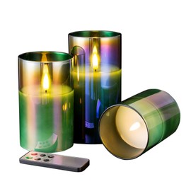 Eywamage Green Glass Flickering Flameless Candles with Remote, 3 Pack Realistic Battery Candles Set 3" Diameter H 4" 5" 6"