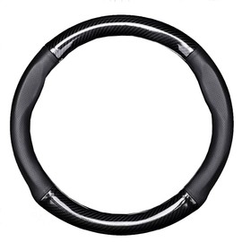Round and D Shape Carbon Fiber and PU Leather Steering Wheel Cover Car Steering Wheel Protector Suitable for 37-38cm (14.5-15 Inch) Diameter Steering Wheel Auto Interior (Bright Black-Round)