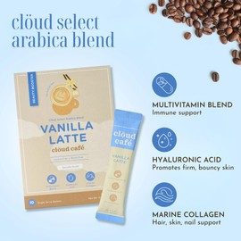 Clöud Café Collagen Infused Vanilla Latte Instant Coffee Packets - Hyaluronic Acid Powder, Multivitamin Powder, & Marine Collagen Single Serve Instant Coffee (10 Sachets)