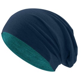 Hatstar® Classic winter women's beanie hat, men's jersey long beanie, winter hat, unisex, light and soft, Two-coloured | Bicolour petrol-navy, m-l