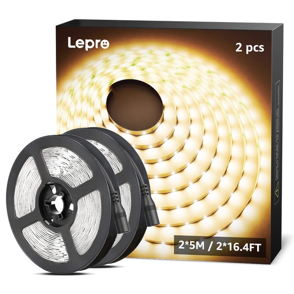 Lepro LED Light Strip, (No Power Adapter) Warm White 32.8ft (16.4ft*2) 600LEDs 2835SMD Flexible LED Strip,12V DC Non-Waterproof,for DIY Home Kitchen Car Bar Party Decoration
