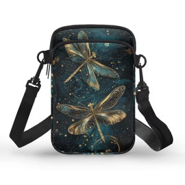 Glorowreny Dragonfly Shoulder Bag for Women Crossbody Portable Small Messenger Bags for Cell Phone Classic Black Zippered Sling Purses with Adjustable Strap