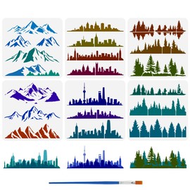 FINGERINSPIRE 6 Pcs 6 Styles City Forest Mountain Painting Landscapes Template with Brush 11.8x11.8inch City Skyline Stencil Reusable DIY Art and Craft Stencil for Painting Home Wall Decor