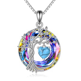 Tree of Life Birthstone Necklace for Women 925 Sterling Silver Tree of Life Jewelry Turquoise Pendant December Birthstone Gemstone with Crystal Anniversary Birthday Christmas Gifts for Women