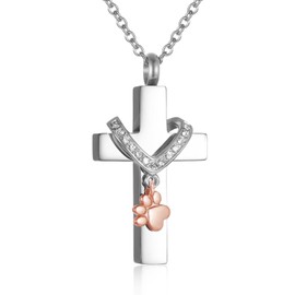 STEFWD Double Cross Urn Necklace For Ashes Of Pets Cremation Jewelry Dog/Cat Paw Charm Stainless Steel Memorial Locket Necklace Women Men Keepsake Gifts (Rose Gold Paw)
