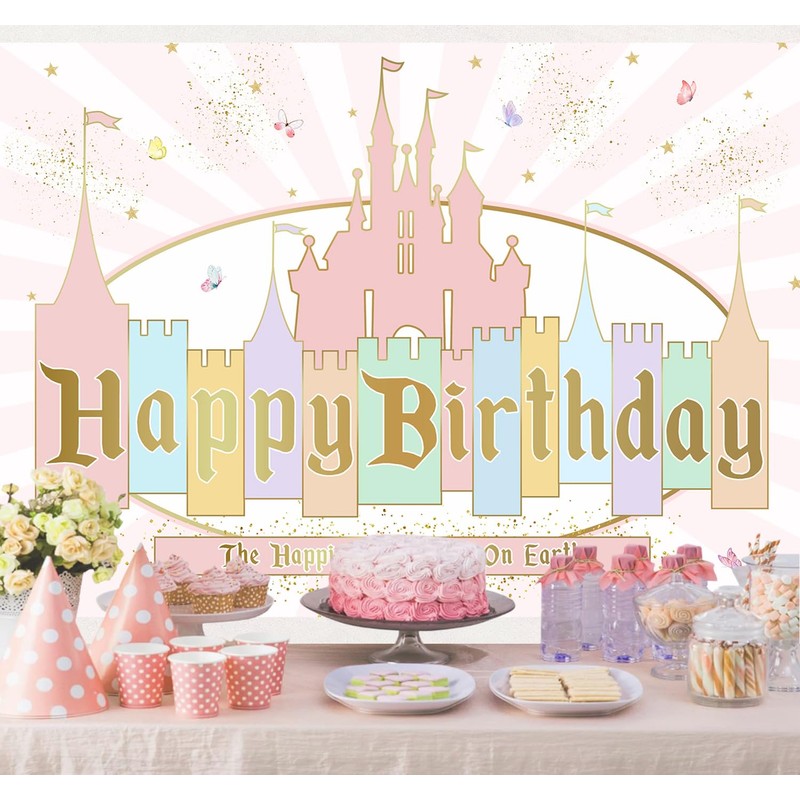 InMemory Princess Castle Birthday Backdrop Girls Pink Pastel Banner
