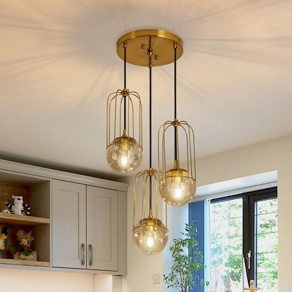 FGSADI 3 Light Mid Century Modern Pendant Light Fixture Gold with Glass Globe Adjustable Hanging Cage Ceiling Chandelier for Kitchen Island Farmhouse Dining Room Foyer and Entryway.
