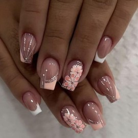 KTAABTR Flowers Press on Nails Medium Square Nails, French Tip Fake Nails with Glue Nude Acrylic Nails Design Orange Flowers Stick on Nails for Women Girls DIY Manicure 24Pcs Glossy False Nails