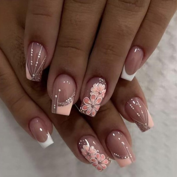 KTAABTR Flowers Press on Nails Medium Square Nails, French Tip