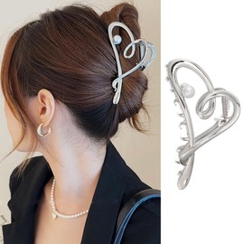 KOLONAMS Valentine's Day Hair Claw Clip, Heart Pearl Design, Metal and Silver, 1 Count, 4.72inch, Hair Clip for Women