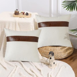 OTOSTAR Set of 2 Linen Patchwork Faux Leather Throw Pillow Covers 18x18 Inch Stripe Patchwork Farmhouse Decor Pillow Covers Square Cushion Covers for Couch Living Room Bed Sofa Decor (Cream White B)