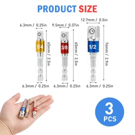 3 x socket adapters, professional hexagonal holder for drills and cordless screwdrivers, 1/4 inch, 1/2 inch, 3/8 inch adapter, ideal for repairs and professional use