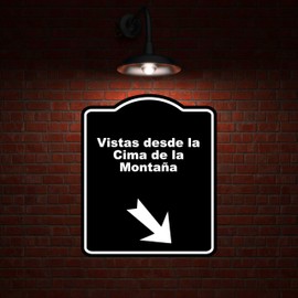 Vistas desde la Cima de la Montaña Spanish Black Sign Arrow Down Right Aluminum Composite Sign 8.5 x 10 inches