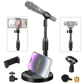 Etubby [3-in-1] Desktop Microphone Stand with Phone Holder, Adjustable Desk Table Mic Stand Webcam Stand Phone Stand with Mic Clip, Phone Clip, 3/8" to 5/8" Metal Adapter, Tripod Head