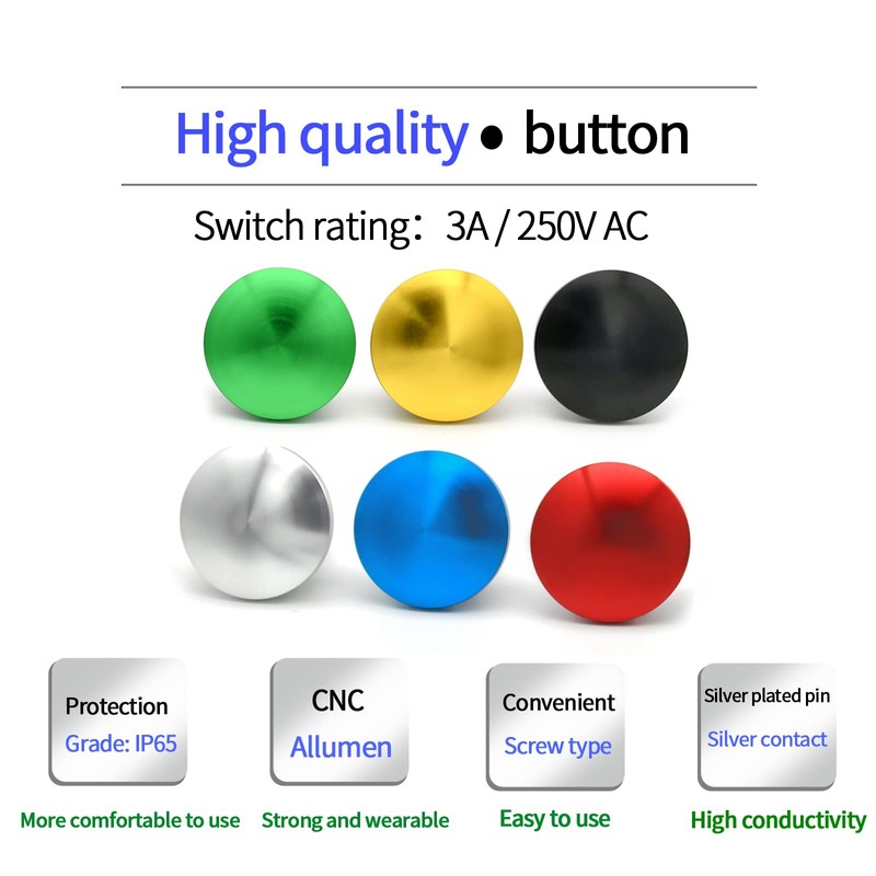 (2Pcs) 22mm Mushroom Head Black Push Button Switch 7/8in Waterproof