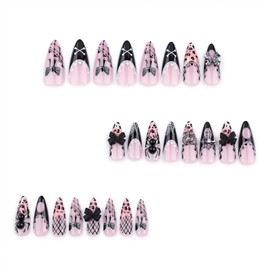 JONKASIPA 3D Handmade Press On Nails,Medium Bow Tip Fake Nails Black Spider Adhesive Nails Leopard Acrylic Nails for Women's Daily Wear 24 pcs