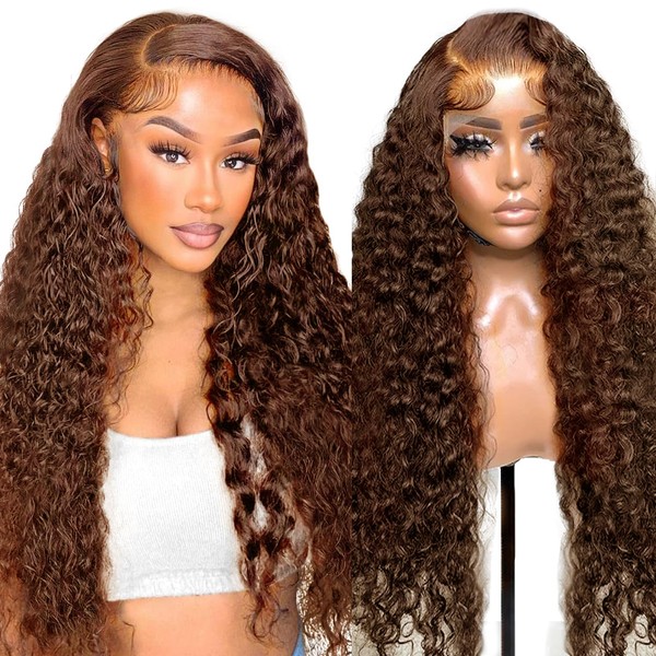 Real Hair Wig, 13 x 4 Transparent Lace Front Wig, Human Hair for Black Women, Deep Wave Human Hair Wig in Brown Colour, Curly Wigs, Women's Real Hair with 150% Density, 22 Inches (55 cm)