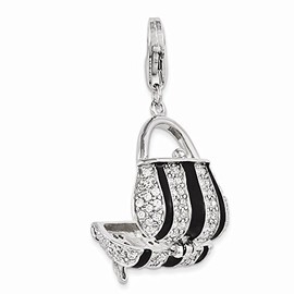 Amore LaVita Sterling Silver Black Enameled CZ Handbag with Lobster Clasp Charm