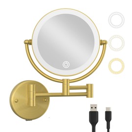 LEDOOLE Make up Mirror Wall Mounted with Lights and 10X Magnification Rechargeable, 8" Double Sided, 3-Colors Touch Dimmable Extended Arm 360 Rotation Foldable Cosmetic Mirror, Brushed Gold