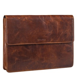 STILORD 'Jackie' Conference Folder Real Leather for 13.3 Inch Slim Document Bag for Office Laptop Black A4 Folder Small Briefcase, Cannes - Brown