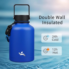 Konokyo Insulated Water Bottle with Straw,50 oz 3 Lids Water Jug with Carrying Bag,Paracord Handle,Double Wall Vacuum Stainless Steel Metal Flask,Blue