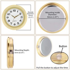 ShoppeWatch Mini Clock Insert 2.2 Inch (55mm) | Miniature Clock Fit Up | Gold Bezel White Face Arabic Numerals Quartz Movement Round | CK081GD