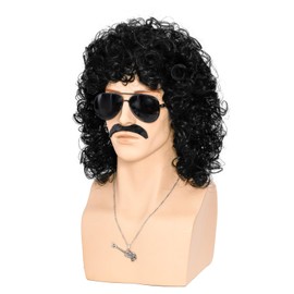 80s Short Black Curly Wig for Men,Long Curly Synthetic Wig with Mustache Glasses and Chain 70s Mullet Disco Wig with for Rocker Costume Cosplay Halloween