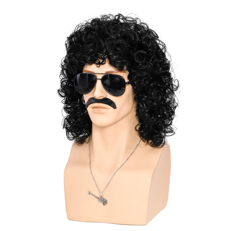 80s Short Black Curly Wig for Men,Long Curly Synthetic Wig