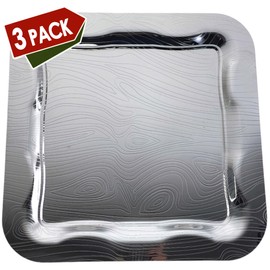 MARO MEGASTORE (Pack of 3 15.7 inch x 15.7 inch Square Chrome Plated Silver Serving Tray Stylish Design Floral Line Wood Print Engraved Edge Decorative Birthday Dessert Buffet Platter Plate NC-024