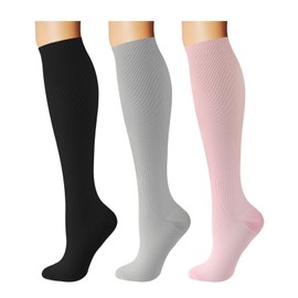 Breslatte 3 pairs Compression Socks for Women Men Circulation 15-20 mmhg Knee High Athletic Support Socks Running Travel Flying blackpinkgreyL/XL