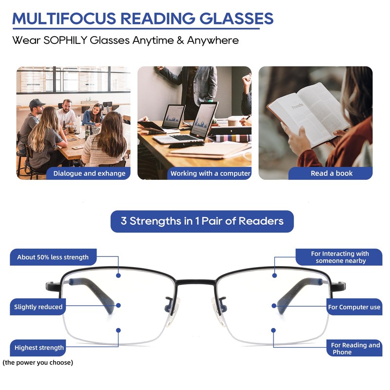 SOPHILY Progressive Multifocus Reading Glasses Men Lightweight Titanium Arm No-line
