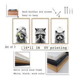 Funny Bathroom Adorable Raccoon Wall Art Decor 16x11 Inch Set Of 3 Laundry Animal Prints Wooden Framed Signs Rustic Washroom Interesting Modren Artwork Wall Hanging Deoration (Wood)