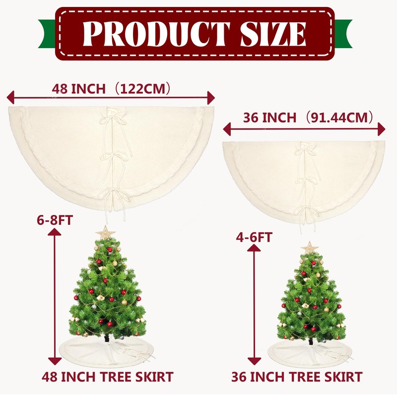 48 inches White Knitted Christmas Tree Skirt: Thick Cable Knit