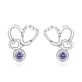Birthstone Nurse Stethoscope Stud Earrings 925 Sterling Silver Medical Assistant Gift for Women Registered Nurse Doctor 12 Month Birthstone Stethoscope Stud Earrings Medical Student Graduation Birthday Jewelry Gift Nurse Week Jewelry Gifts (June)