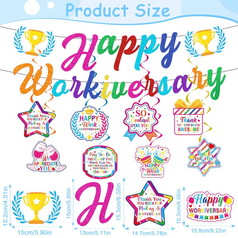 13 Pcs Work Anniversary Decorations, Happy Workiversary Banners with Hanging