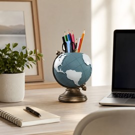 Globe Pen Holder for Desk Organization - Decorative Resin Stationery Organizer for Office, Study & Home Workspace