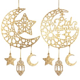 2 Pieces Eid Mubarak Door Sign Wooden Hanging Signs, Ramadan Kareem Hollow Ornament Decorations Moon and Stars, Moon Shape Ramadan Mubarak Party Wooden Wall Hanger for Islamic Muslim (Gold)