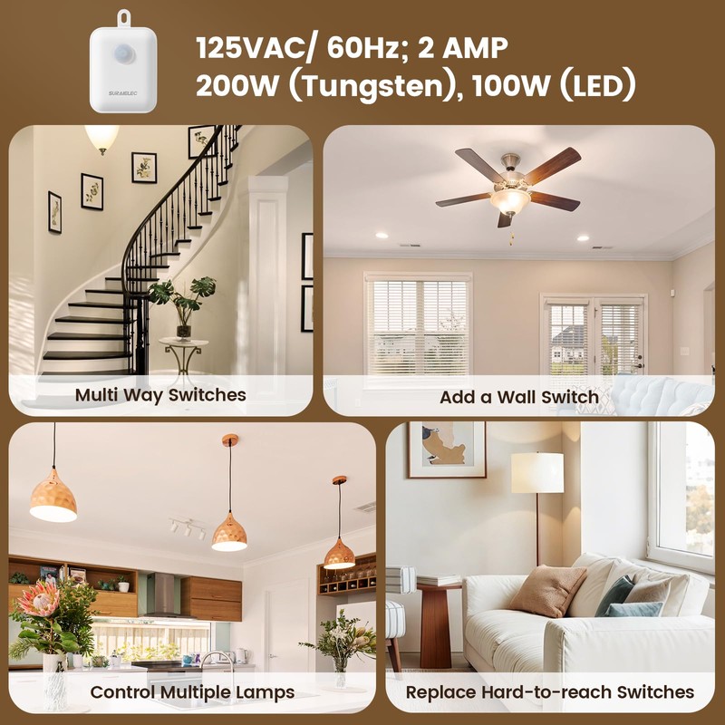 SURAIELEC Upgrade 3-Way Wireless Light Switch and Receiver Kit, Works