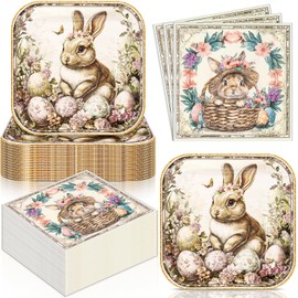 72 Pcs Easter Bunny Party Supplies for 36 Guests 7'' Easter Paper Plates and Napkins Disposable Bunny Dessert Plates Vintage Rabbit Egg Tableware Decorations for Holiday Party Favors