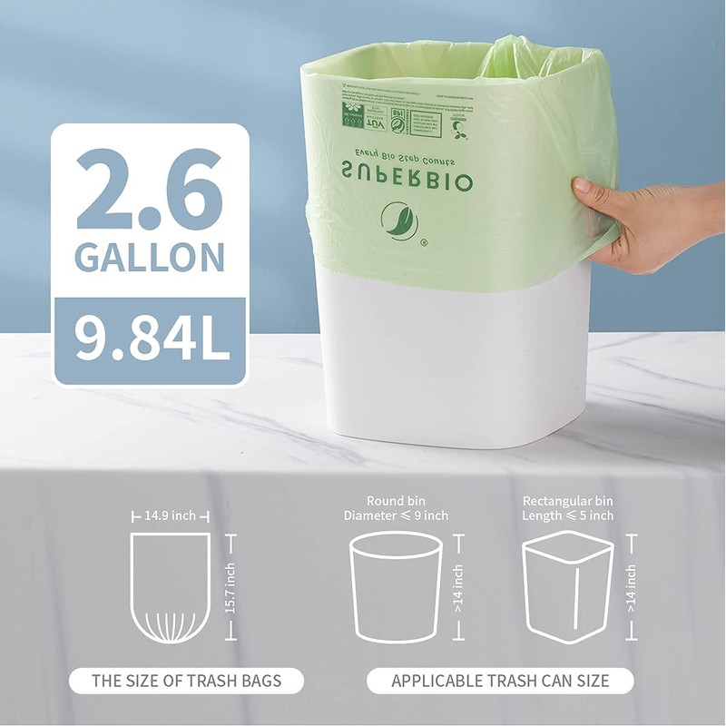 SUPERBIO 2.6 Gallon Compostable Flat Top Garbage Bags, 100 Count,
