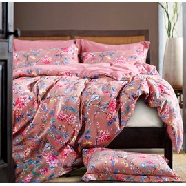 Eikei Botanical Garden Duvet Cover Washed Brushed 100-percent Cotton Bedding Set Asian Chinoiserie Print Colorful Tropical Tree Branches and Birds Floral Pattern (Queen, Marsala)