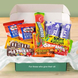 Military Movie Night Snack Box - Popcorn, Candy, Chocolates, Chips Full Size 11 Item Variety Pack (M&Ms, Sour Patch Kids, Starbursts, Airheads) Barracks Assortment - My Hero Crate