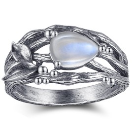 OLIVIASO Natural Moonstone Ring 925 Sterling Silver Leaf Ring Moonstone Engagement Ring for Women Unique Branch Wedding Rings Promise Ring Size 9