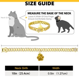 EXPAWLORER Cat Collar Chain,Diamond Gold Glitter Collar Walking Metal with Secure Buckle Link Cuban Pet Rhinestones Necklace Accessories with Paw Charm and Bell for Cats Dogs Kittens (10 Inch,Gold)