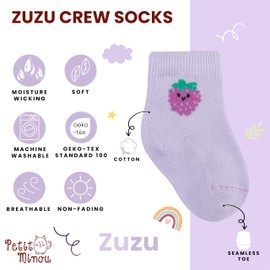 Petit Minou Zuzu Seamless-Toe Turkish Cotton Crew Socks - Cute Patterns 6-Pack for Newborn to Toddler Boys & Girls (US, Age, 0 Months, 6 Months, Grove)