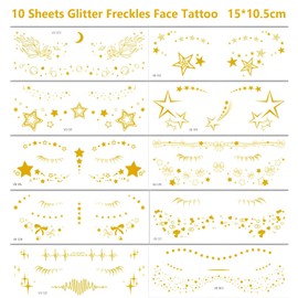 FloralGrace Pack of 10 Golden Glitter Tattoo Stickers for Freckles, Temporary Waterproof Face Tattoos with Star and Heart Design, Cute Glitter Make Up Accessories