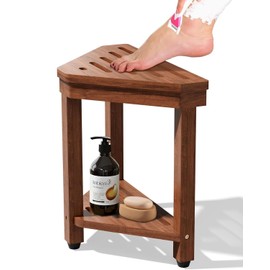 Shower Foot Rest 15 in, Acacia Shower Stool for Shaving Legs,Corner Bath Shower Bench with Starage Shelf for Inside Small Shower Spaces