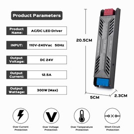 BRIMETI LED Driver 24 V Transformer Power Supply 230 V to 24 V 300 W Switching Power Supply LED Transformer 12.5 A AC 230 V to DC 24 Volt Compact Extremely Thin Constant Voltage for Neon LED Strip LED